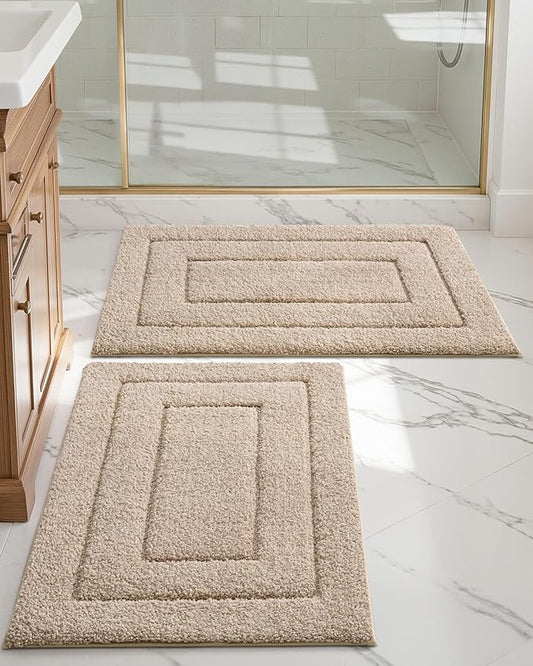 DEXI Bathroom Rug Set 2 Piece 32x20, Non Slip Washable Bath Mat for Shower Floor, Absorbent Soft Bathmat with Rubber Backing, Quick Dry Microfiber Carpet, Beige