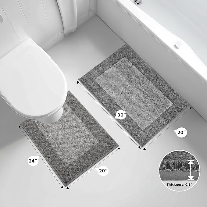 Bathroom Rugs U-Shaped 20" x 24", Non-Slip Extra Soft Absorbent Bath Rugs, Machine Washable Quick Dry Bath Mats for Toilet Base, Grey & Dark Grey