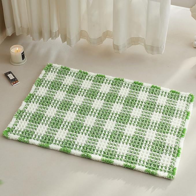 Waffle Bath Mat, Boho Bathroom Rugs Non Slip Washable Absorbent Checkered Bathroom Mat Quick Dry Cute Christmas Bath Mat, 30"x20" Green and White