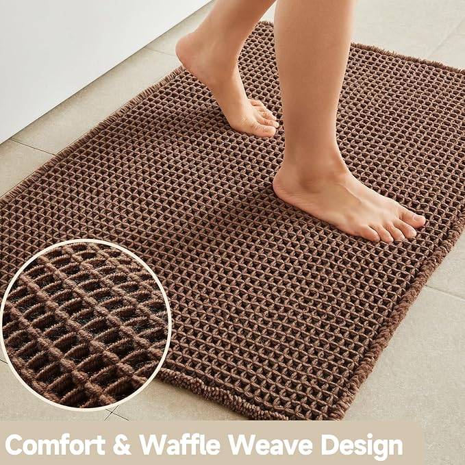 Waffle Bath Mat, Boho Bathroom Rugs Non Slip Washable Super Absorbent Quick Dry Bath Mat Farmhouse Bathroom Decor, 48"x24" Mocha