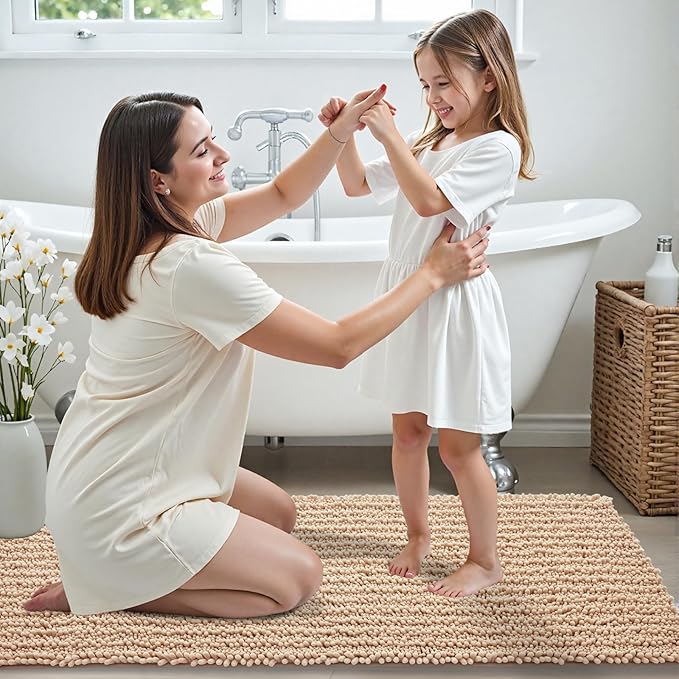 Bathroom Runner Rug 24x60 Non Slip Washable Long Bath Mat for Tub Thick Soft Absorbent Bathroom Floor Mat Large Chenille Bath Rug for Shower, Beige