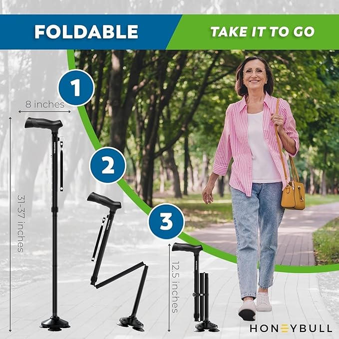 Walking Cane for Men & Women Foldable, Adjustable, Heavy Duty, Free Standing, All Terrain, Collapsible Walking Sticks for Seniors & Adults