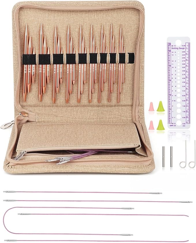 Aeelike Aluminu Interchangeable Knitting Needles Set, Circular Knitting Needles Set with 4 Cable 3 to 6 mm, Interchangeable Needle for Knitting Multiple Combinations, Gold