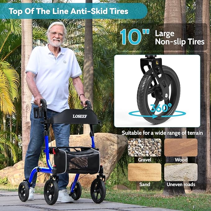 Foldable Rollator Walkers With Seat For Seniors, 10" Big Rubber Wheels All Terrain Rollator Walker With Adjustable Backrest And Handles, 350 Lb, Cup Holder, Lightweight 4 Wheel Walker For Seniors Blue