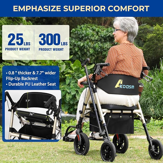 Foldable Rollator Walker for Seniors with Seat, Lightweight 2 In 1 Rolling Walkers Wheelchair Combo for Adult, Transport Chair with Brakes, Adjustable Seat & Handle, 300 Lb. Weight Capacity, Champagne