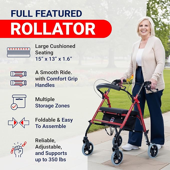 Arrigo Rollator Walker with Large Cushioned Seat – Folding 4-Wheel Steel Rolling Walker with Brakes, Soft Backrest & Zippered Storage – Smooth Ride, Adjustable Height, Supports up to 350 lbs