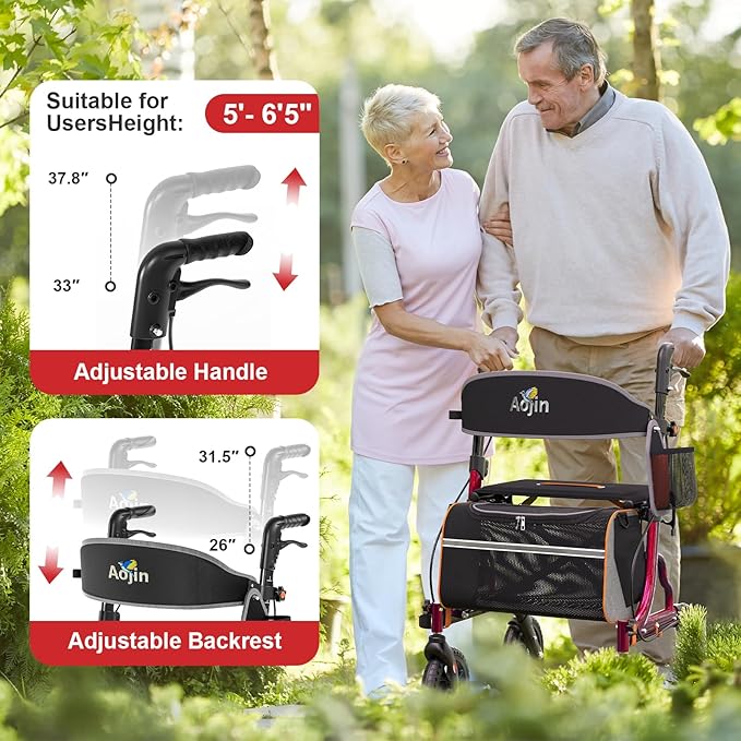 Rollator Walker for Seniors with Seat, Lightweight & Foldable, 8" All-Terrain Wheels, 18" Big Seat, 6-Level Adjustable Height Rolling Walker, 350 lb Capacity, Burgundy