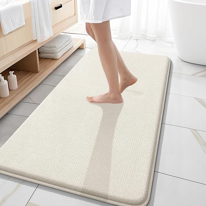 OLANLY Thick Memory Foam Bath Mat Rug 47x20, Extra Soft Absorbent Bathroom Rug, Quick Dry Bath Mats, Non-Slip, Machine Washable Carpet for Bathroom, Tub and Shower, Home Decor Accessories, Ivory
