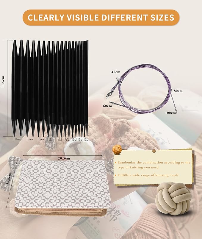 Interchangeable Circular Knitting Needle Set, 9 Pairs of Circular Knitting Needle Set, 3 to 6mm Metal Knitting Needles Set with Ergonomic Handles and Storage Bag, for Weaving Project