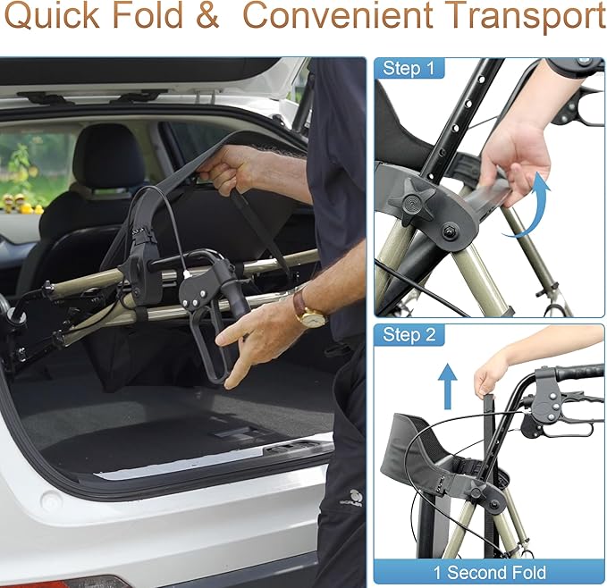 Rollator Walkers with Seat for Seniors, Foldable 8" Big Wheels All Terrain Rolling Walker, Handles and Ergonomic Seat Height Adjustable, 350 lb