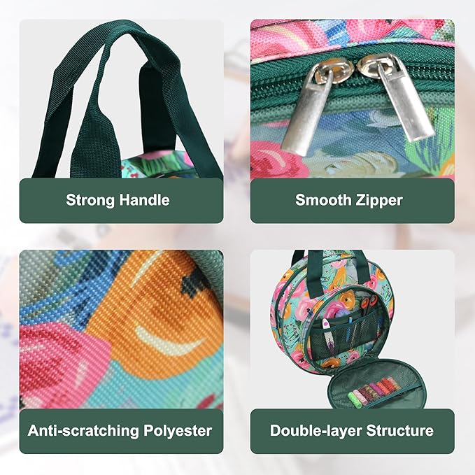 JLDTOP Round Embroidery Project Bag Embroidery Storage Organizer Cross Stitch Bag Floral for Floss, Hoops, Thread, Knitting Tools(Bag Only) (Green Floral)