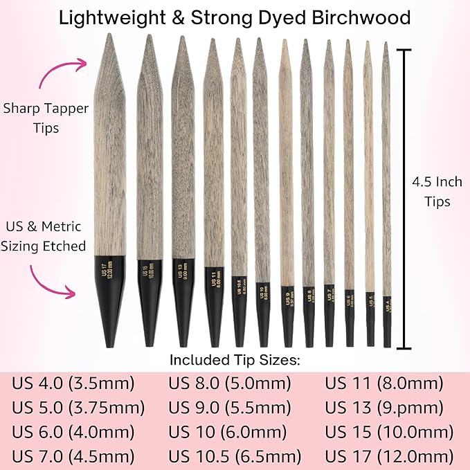 Lykke Driftwood 5 in. Complete Set US Sizes 4, 5, 6, 7, 8, 9, 10, 10.5, 11, 13, 15, 17 Interchangeable Circ. Knitting Needles for DK, Worsted, Chunky Yarns, Birch, 5 Cords, Black PU Case, Project Bag