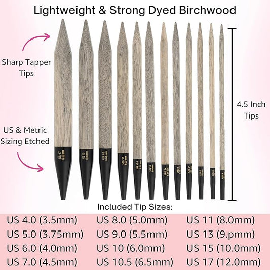 Lykke Driftwood 5 in. Complete Set US Sizes 4, 5, 6, 7, 8, 9, 10, 10.5, 11, 13, 15, 17 Interchangeable Circ. Knitting Needles for DK, Worsted, Chunky Yarns, Birch, 5 Cords, Black PU Case, Project Bag