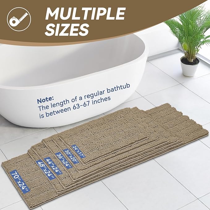 Bcoimo 44"×24" Chenille Bath Mat – Non-Slip with Backing Bath Rug Ultra-Absorbent and Machine Washable Bathroom Mat Quick-Dry Design. Ideal for Bathroom and Tub Areas