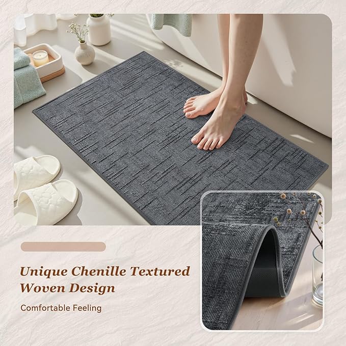 AMOAMI Bath Mat Non Slip Super Absorbent Quick Dry Bath Mats for Bathroom Floor Rubber Backing Washable Bathroom Rugs Modern Woven Jacquard Mat, Beside Tub Bath Rugs, 24" x 36", Darkgrey
