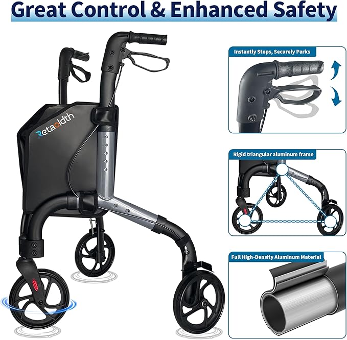 Premium 3 Wheel Rollator Walker for Seniors, Lightweight Foldable Elderly Three Wheeled Rollator with Storage Bag, Aluminum Mobility Aid Rolling Walker