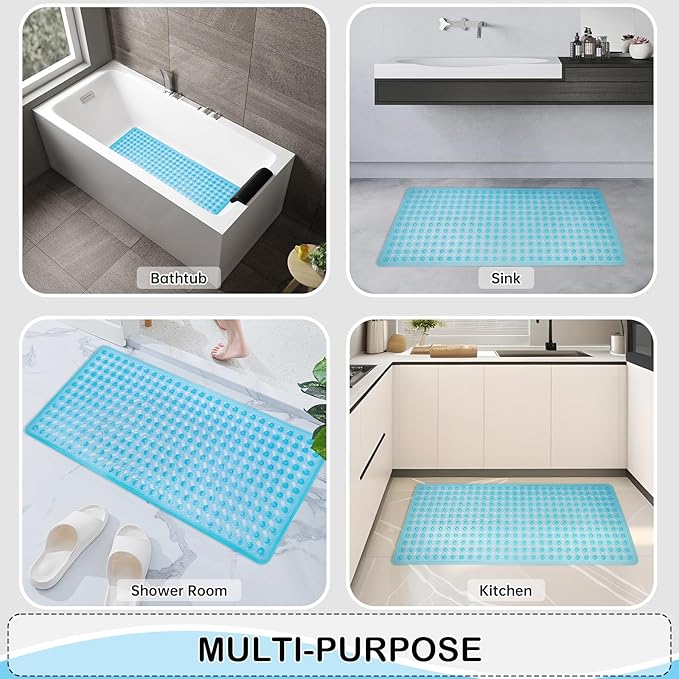 Linoows Non-Slip Bathtub and Shower Mats, Power Grip Bath Mat 35 x 16.3 Inch with Suction Cups and Drain Holes for Tub Bathroom Floor Safety, Machine Washable Soft Bathmat, Clear Blue