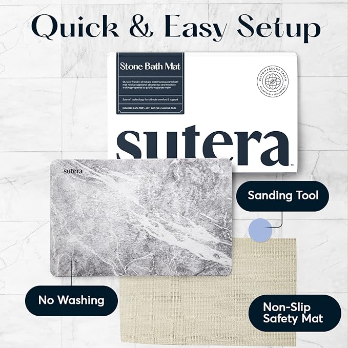 SUTERA - Stone Bath Mat, Diatomaceous Earth Shower Mat, Non-Slip Super Absorbent Quick Drying Bathroom Floor Mat, Natural, Easy to Clean (23.5 x 15 Granite)