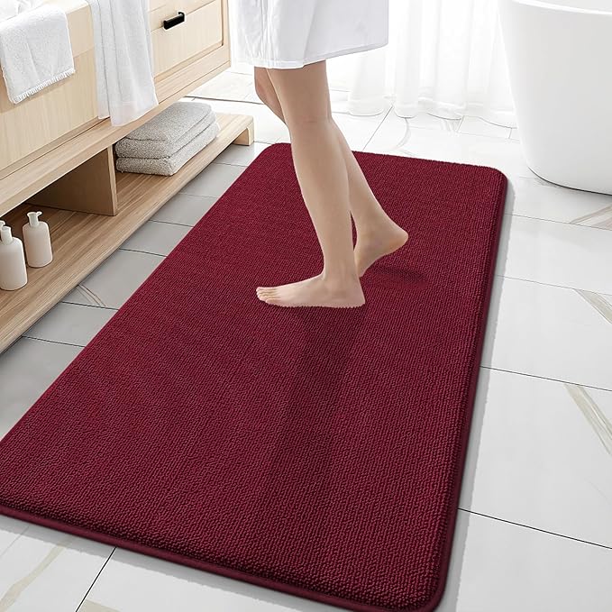 OLANLY Thick Memory Foam Bath Mat Rug 47x20, Extra Soft Absorbent Bathroom Rug, Quick Dry Bath Mats, Non-Slip, Machine Washable Carpet for Bathroom, Tub and Shower, Home Decor Accessories, Burgundy