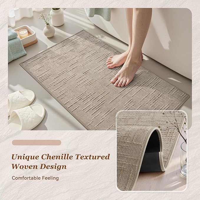 AMOAMI Bath Mat Non Slip Super Absorbent Quick Dry Bath Mats for Bathroom Floor Rubber Backing Washable Bathroom Rugs Modern Woven Jacquard Mat, Beside Tub Bath Rugs, 2'x4', Brown