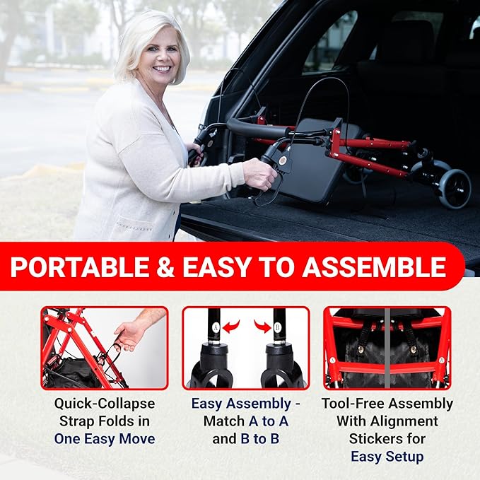 Arrigo Rollator Walker with Large Cushioned Seat – Folding 4-Wheel Steel Rolling Walker with Brakes, Soft Backrest & Zippered Storage – Smooth Ride, Adjustable Height, Supports up to 350 lbs