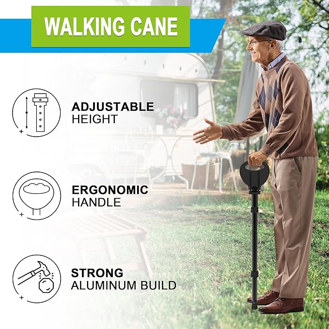 Cane with Seat Portable Walking Stick Folding Chair Lightweight Aluminum Mobility Aid Crutch Chair Height Adjustable with Carry Bag for Seniors Elderly Handicap Waiting/Queuing/Fishing