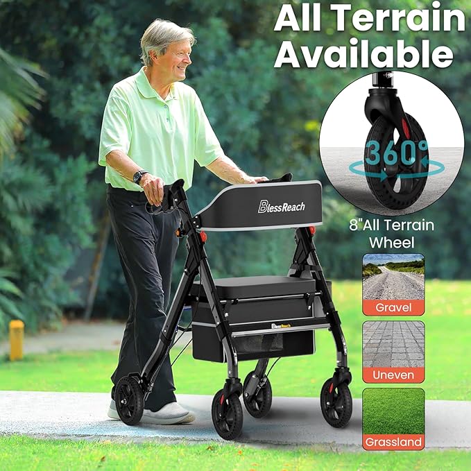 Foldable Rollator Walkers with Seat for Seniors, 450 lb Capacity, 8'' Wheels, 18" Big Seat, 6-Position Height, Heavy-Duty Aluminum Rolling Walker (Black)