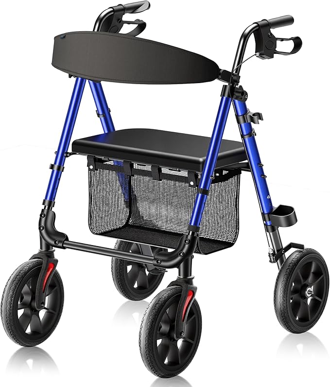 WALK MATE Walkers for Seniors, Rollator Walker with Seat 4 x10 Inch Big Wheels, Foldable All Terrain Rolling Walker, Lightweight Mobility Aid with Adjustable Height, 350lb Weight Capacity, Blue