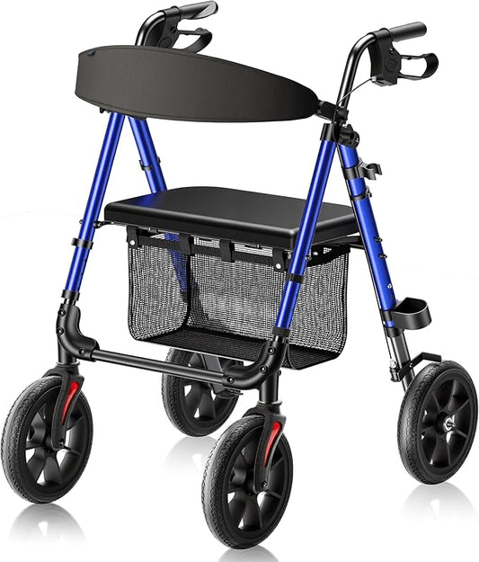 WALK MATE Walkers for Seniors, Rollator Walker with Seat 4 x10 Inch Big Wheels, Foldable All Terrain Rolling Walker, Lightweight Mobility Aid with Adjustable Height, 350lb Weight Capacity, Blue