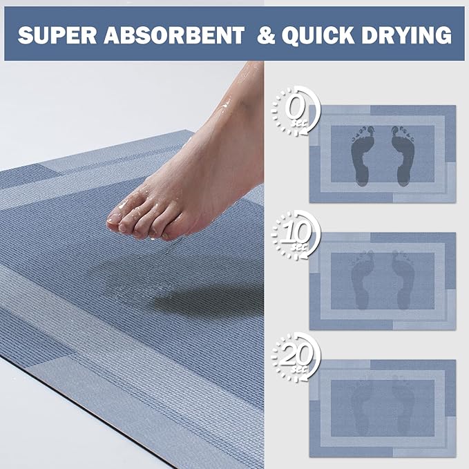 Non Slip Bath Mat, Rubber Backing Ultra Thin Bathroom Rugs Fit Under Door Quick Dry Super Absorbent Washable Bath Rug Shower Mat for Bathroom Floor Bathtub Shower Sink, Easy Care Blue 20"x 32"