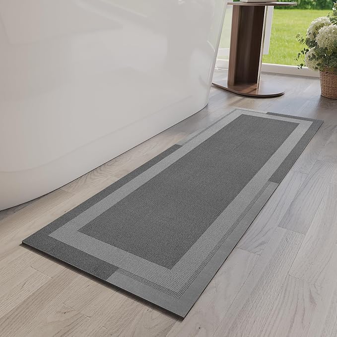 Non Slip Long Bath Mat Bathroom Runner, Rubber Backing Ultra Thin Bathroom Rugs Fit Under Door Quick Dry Super Absorbent Washable Bath Rug Shower Mat for Bathtub Sink Floor, Dark Gray 17"x47"