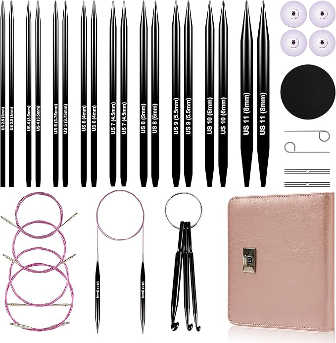 Froggod 4.53-inch (11.5cm) Interchangeable Circular Knitting Needles Set Aluminum US Sizes 2.5, 4, 5, 6, 7, 8, 9, 10, 11 with Interchangeable Knitting Needles and Cables, Accessories and Case, 9 Pairs