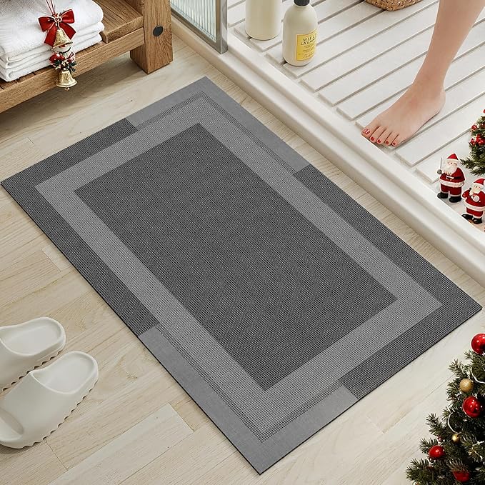 Non Slip Bath Mat, Rubber Backing Ultra Thin Bathroom Rugs Fit Under Door Quick Dry Super Absorbent Washable Bath Rug Shower Mat for Bathroom Floor Bathtub Sink, Easy Care Dark Grey 16"x24"