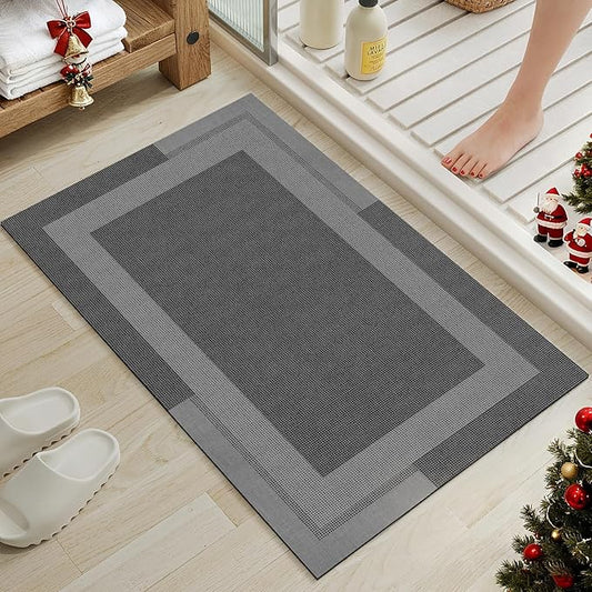 Non Slip Bath Mat, Rubber Backing Ultra Thin Bathroom Rugs Fit Under Door Quick Dry Super Absorbent Washable Bath Rug Shower Mat for Bathroom Floor Bathtub Sink, Easy Care Dark Grey 16"x24"