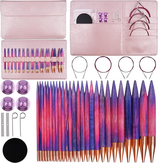 WAZAIGUR Circular Interchangeable Wooden Knitting Needles Set with Case Sizes 3mm, 3.25mm, 3.5mm, 3.75mm, 4mm, 4.5mm, 5mm, 5.5mm, 6mm, 7mm, 8mm, 9mm, 10mm, 13 Pairs, 4 Cables