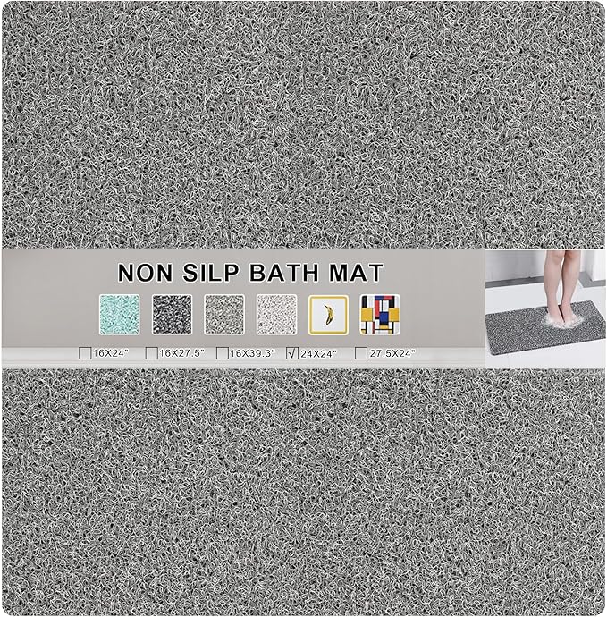 Nonslip Bathtub Mat, Anti Slip Bath Mat 0.6" Extra Thick, Quick Dry Bath Tub Anti Slip Shower Mat, Loofah Non-Slip Bath Mat for Tub Bathroom Pool Kitchen Entryway Home Hotel(Grey 24x24)