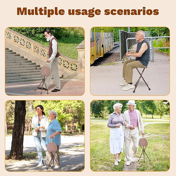 UNLICON-Brown Folding Cane Stool with Seat – Lightweight Adjustable Walking Cane for Seniors, Ergonomic Design, 330 lbs Capacity, Portable and Convenient Cane Chair with Anti-Slip Feet