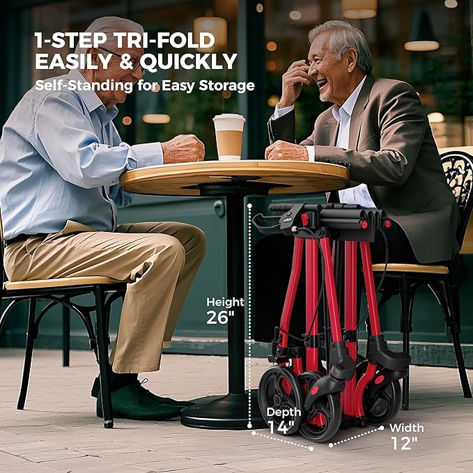 Rollator Walkers for Seniors with Seat, Lightweight Ultra-Compact Travel Rolling Walker, 350lbs Capacity, Heavy-Duty Extra-Wide Seat, Easy Folding, Height Adjustable for Tall Over 6ft, 8" Big Wheels