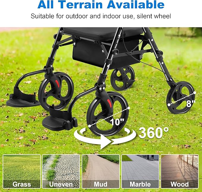 Foldable Rollator Walker with Seat for Seniors & Adults Lightweight 2-in-1 Walker and Wheelchair Combo Adjustable Handle Height and Seat Transport Chair with Brakes 300 lbs Weight Capacity