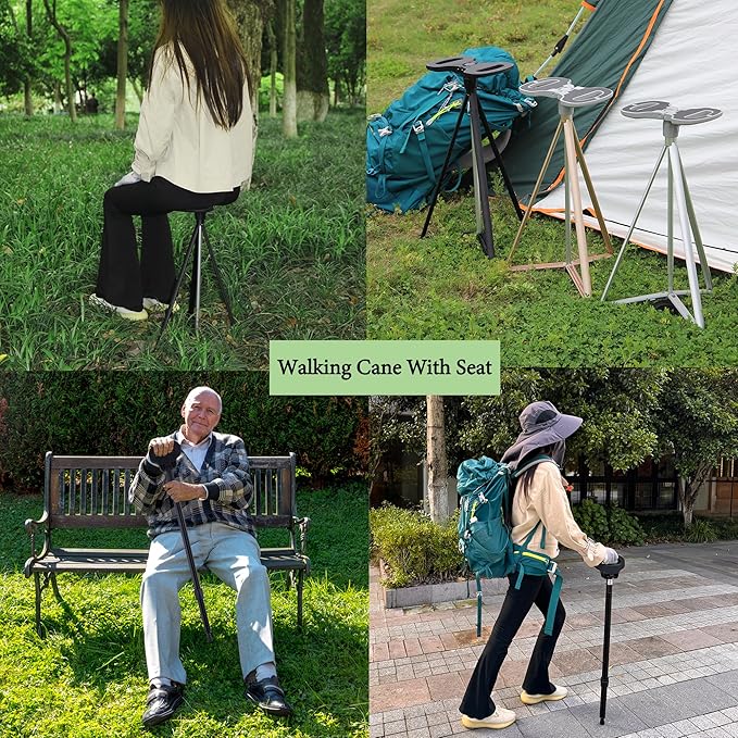 Walking Cane with Seat for Men & Women, Lightweight Anti-Slip Walking Stick with Carry Bag, Portable Stool for Senior & Adults, Foldable Cane Chair for Travel Hiking