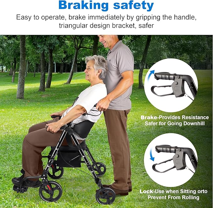 Foldable Rollator Walker with Seat for Seniors & Adults Lightweight 2-in-1 Walker and Wheelchair Combo Adjustable Handle Height and Seat Transport Chair with Brakes 300 lbs Weight Capacity