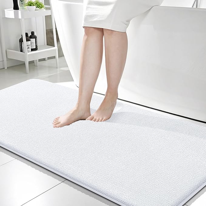 OLANLY Thick Memory Foam Bath Mat Rug 59x24, Extra Soft Absorbent Bathroom Rug, Quick Dry Bath Mats, Non-Slip, Machine Washable Carpet for Bathroom, Tub and Shower, Home Decor Accessories, White