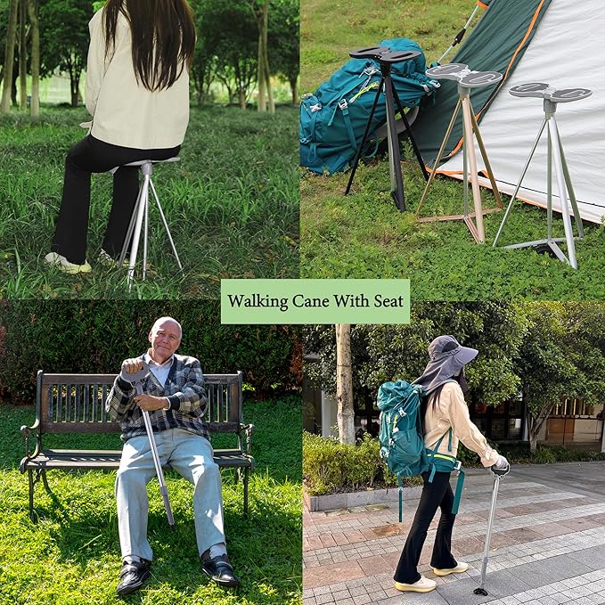 Walking Cane with Seat for Men & Women, Lightweight Anti-Slip Walking Stick with Carry Bag, Portable Stool for Senior & Adults, Foldable Cane Chair for Travel Hiking