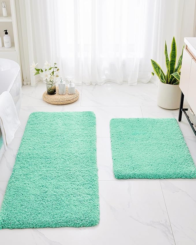 Bathroom Rug 20x32 Non Slip Fluffy Spa Blue Bath Mat for Bathroom Floor Washable Plush Luxury Bath Rug for Tub Soft Shaggy Absorbent Shower Sink Mat