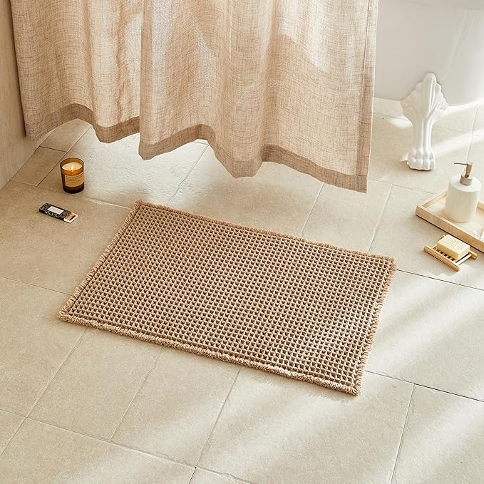 Waffle Bath Mat, Boho Bathroom Rugs Non Slip Washable Super Absorbent Quick Dry Farmhouse Bathroom Decor, 24"x16" / 1'4" x 2' Khaki