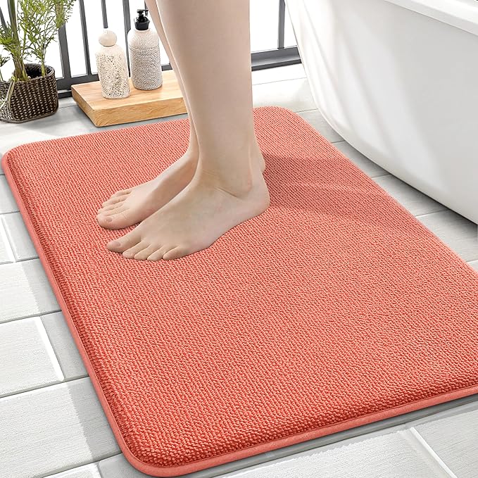 OLANLY Thick Memory Foam Bath Mat Rug 24x16, Extra Soft Absorbent Bathroom Rug, Quick Dry Bath Mats, Non-Slip, Machine Washable Carpet for Bathroom, Tub and Shower, Home Decor Accessories, Coral