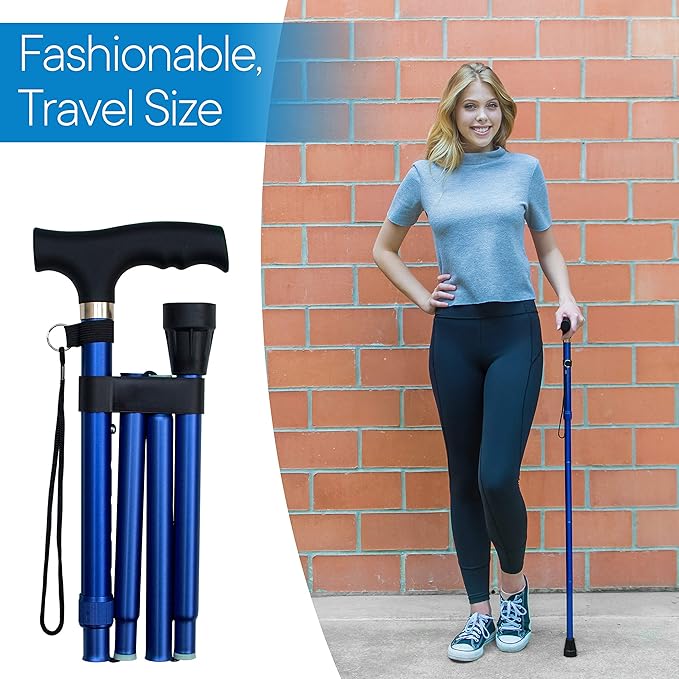 RMS Folding Cane - Foldable Walking Cane with Adjustable Height - Collapsible and Lightweight - Soft Ergonomic Handle for Comfortable Grip - Portable Walking Stick for Mobility Aid