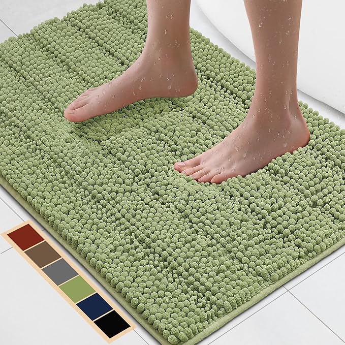 Bcoimo 30"×20" Chenille Bath Mat – Non-Slip with Backing Bath Rug Ultra-Absorbent and Machine Washable Bathroom Mat Quick-Dry Design. Ideal for Bathroom and Tub Areas