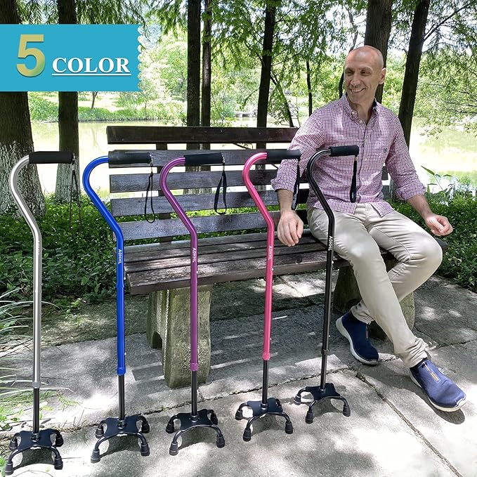 AOHHL Quad Walking Cane Foldable Adjustable Portable Stick Men & Women and Seniors - Lightweight & Sturdy with 4-Pronged Base for Extra Stability Balance,Self Standing Gifts for mom Dad