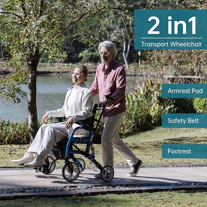 ELENKER 2 in 1 Rollator Walker & Transport Chair for Seniors, Folding Rolling Walker Wheelchair Combo with Wide Seat and Shock Absorber, Blue